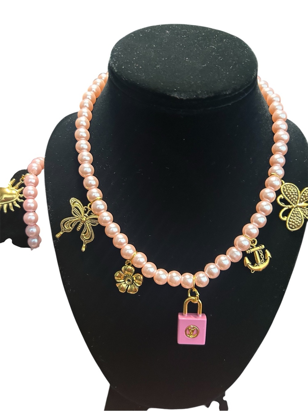 Funky Pearl Charm Necklace with Charms w/ bracelet&knob earrings